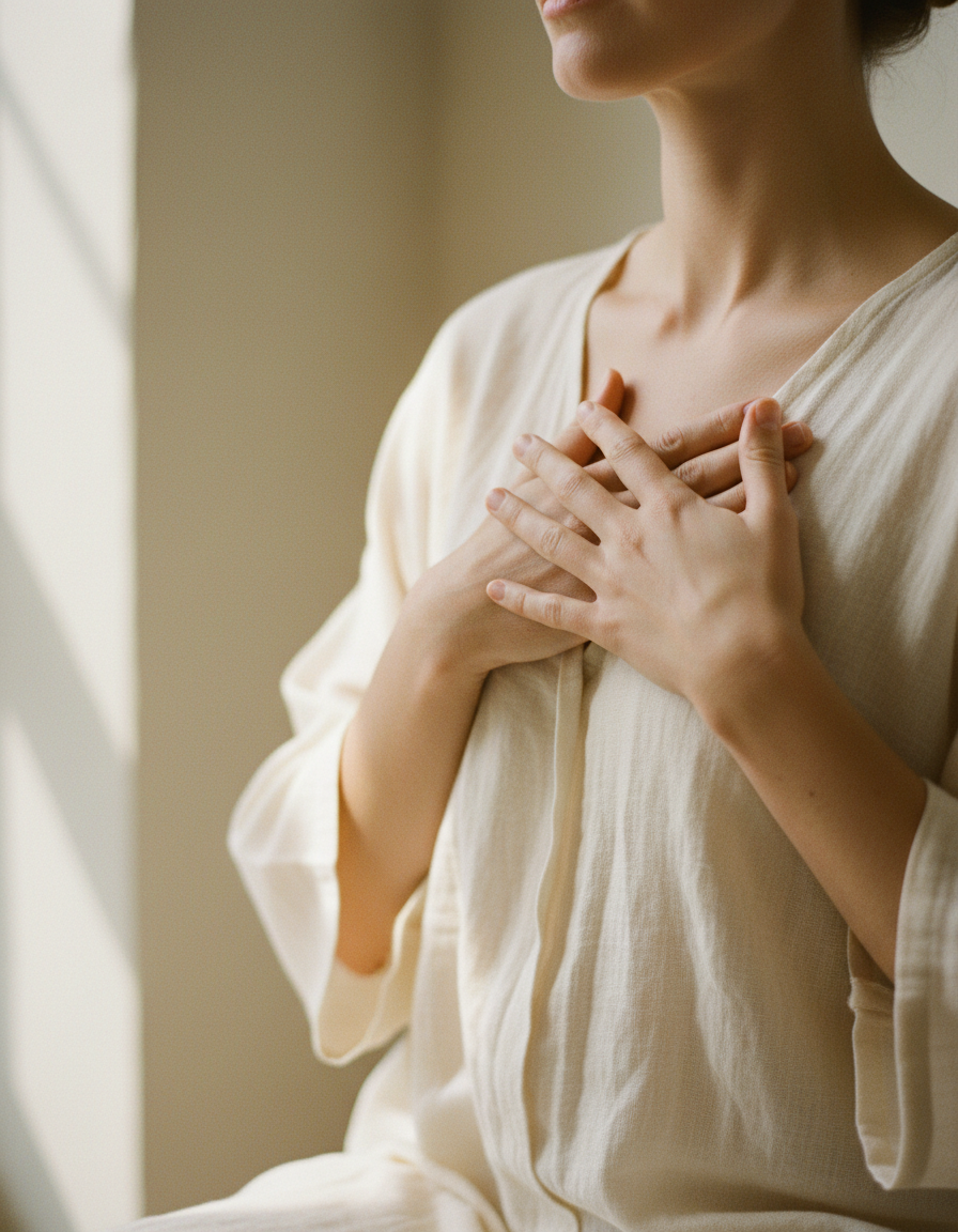 Hands resting gently over the heart on a cream linen top, in soft window light