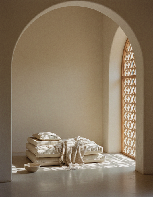 Linen floor cushions and a soft throw in an arched alcove, patterned light falling through a lattice window