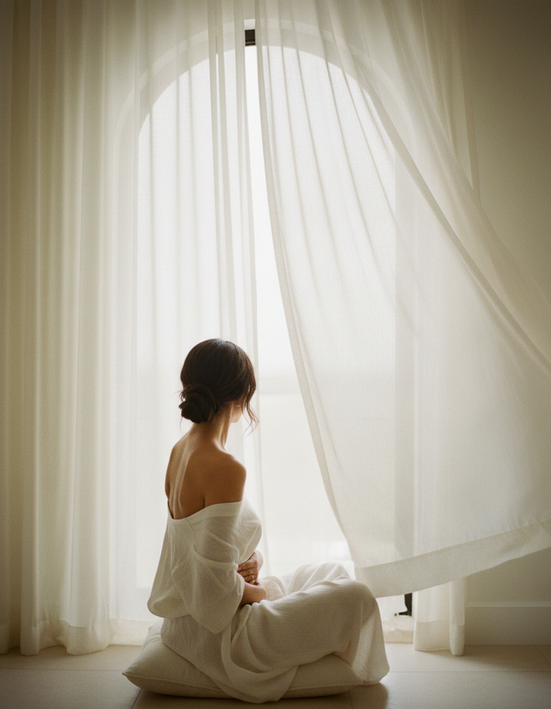 A woman seen from behind seated by an arched window as a sheer curtain moves in the breeze