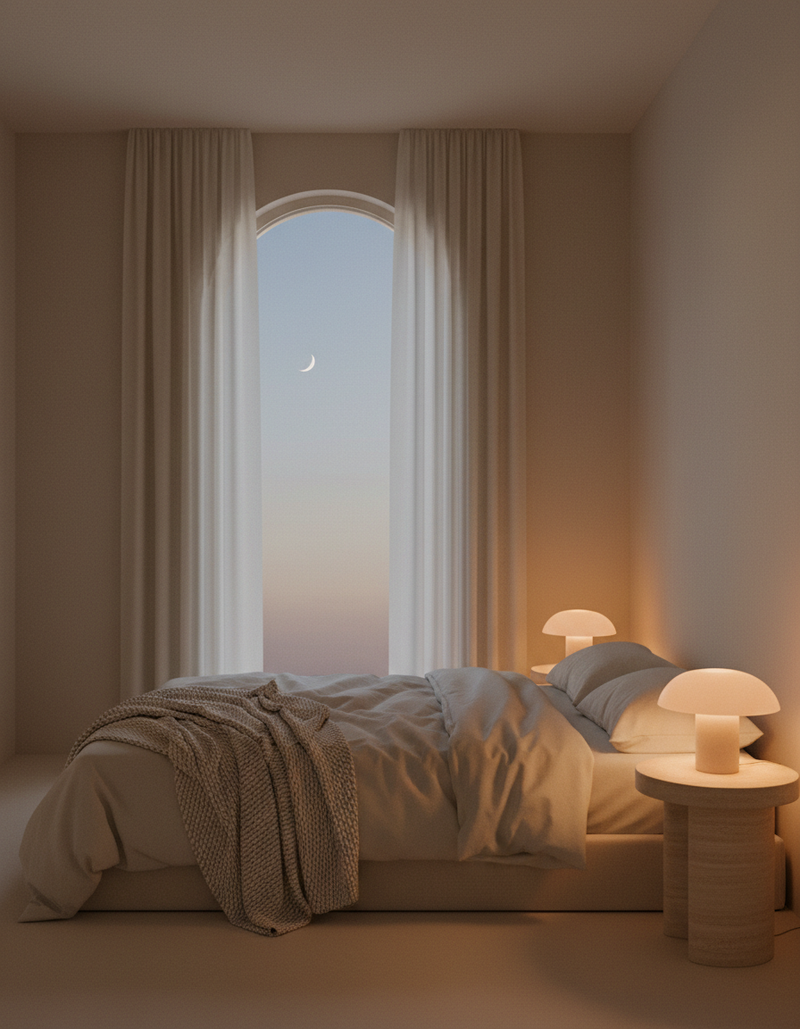 A calm bedroom at dusk with linen bedding, glowing lamps and a crescent moon through an arched window