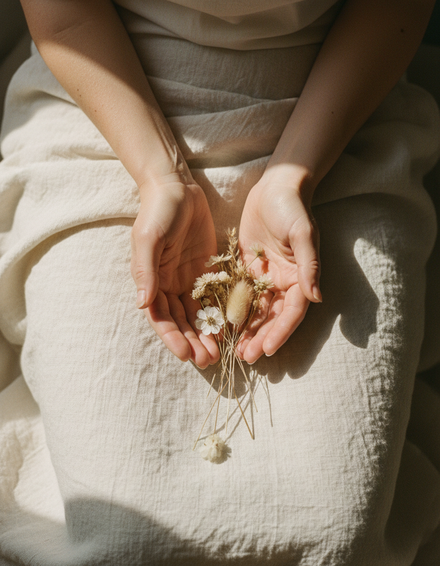 Open hands holding a few dried flowers over a soft linen blanket