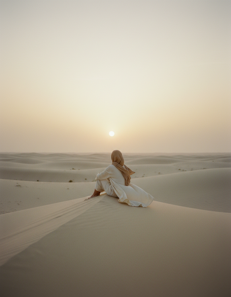 A woman in cream linen sitting alone on soft desert dunes at sunrise