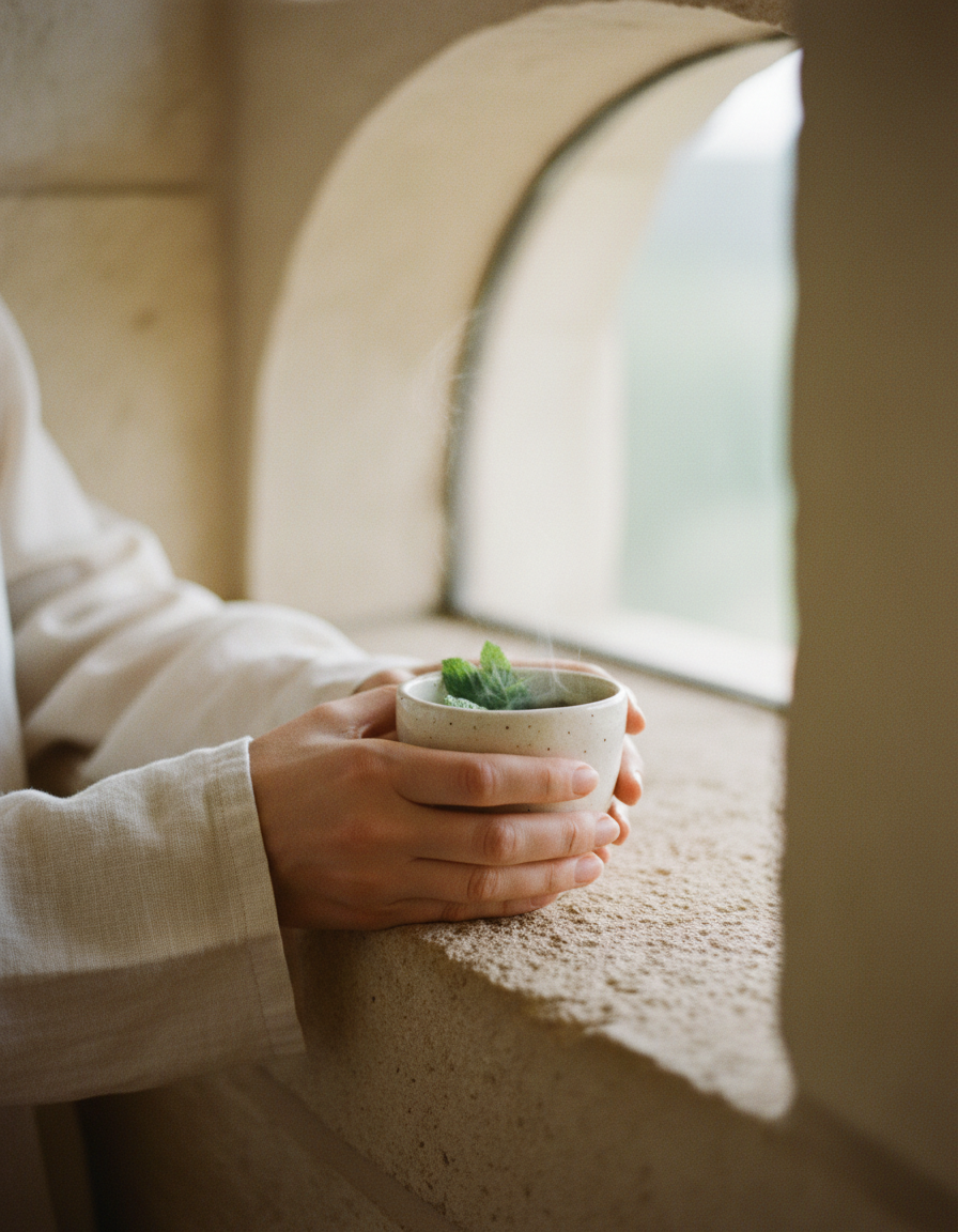 Hands cupping a small ceramic cup of fresh mint tea on a stone window ledge