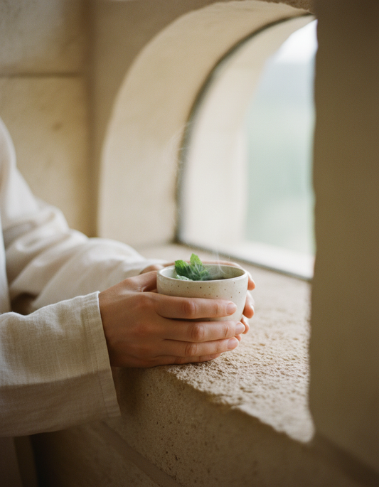 Hands cupping a small ceramic cup of fresh mint tea on a stone window ledge