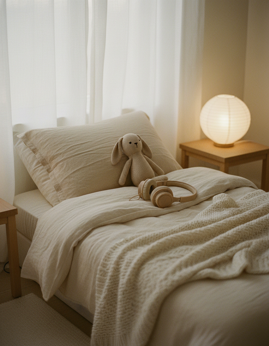 A calm child's bed with a knitted bunny, soft headphones and a glowing paper lamp