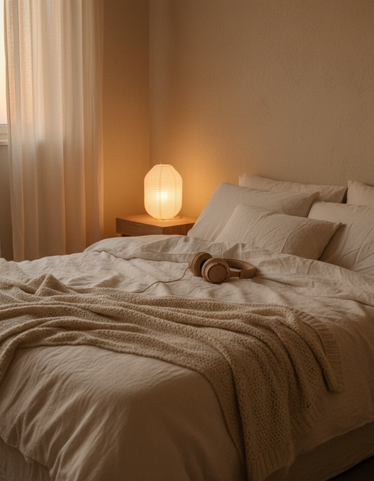 A softly lamp-lit bedroom with linen sheets, a knitted throw and headphones resting on the bed