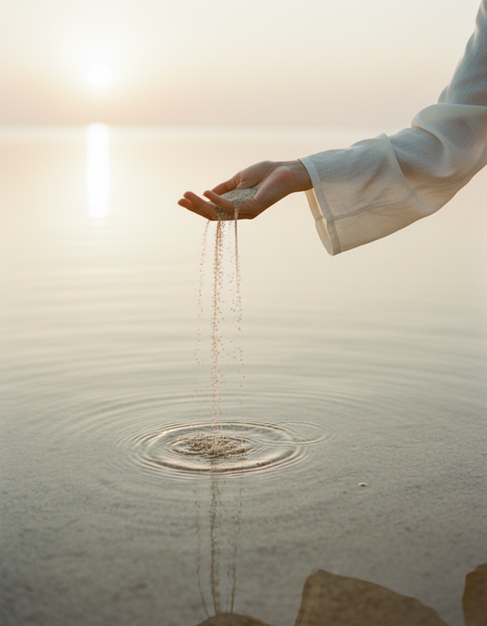 A hand letting fine sand fall into still water at sunrise