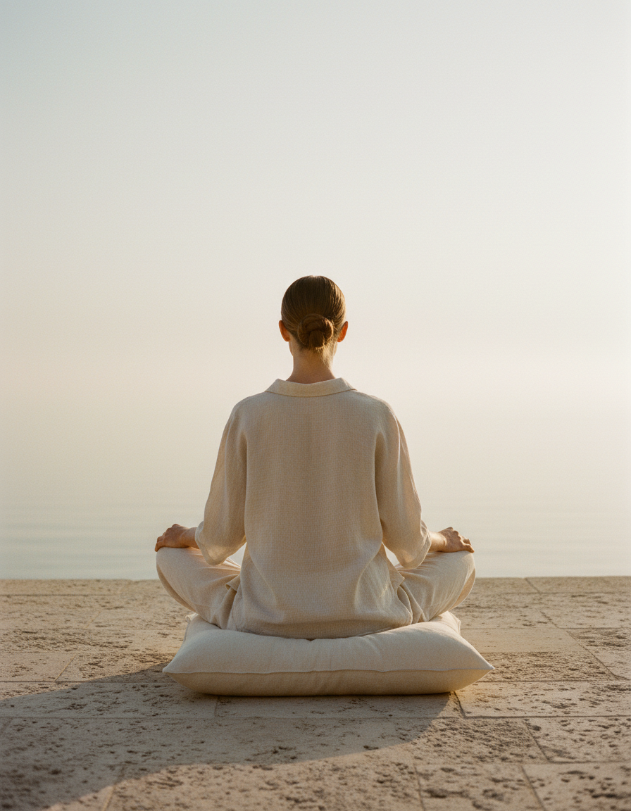 A woman seen from behind meditating on a linen cushion on a stone terrace facing a calm, hazy sea
