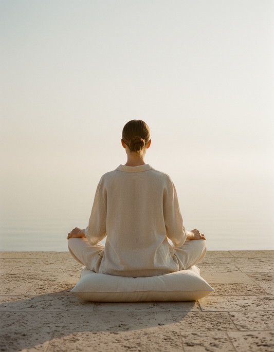 A woman seen from behind meditating on a linen cushion on a stone terrace facing a calm, hazy sea