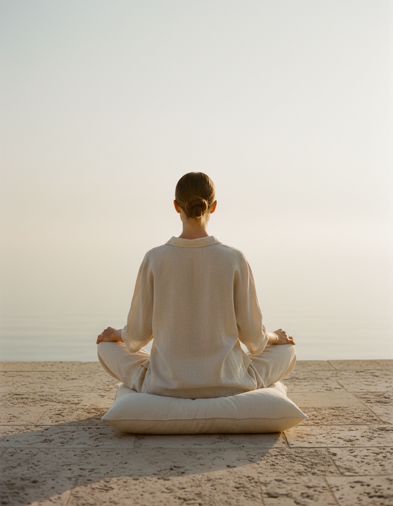 A woman seen from behind meditating on a linen cushion on a stone terrace facing a calm, hazy sea