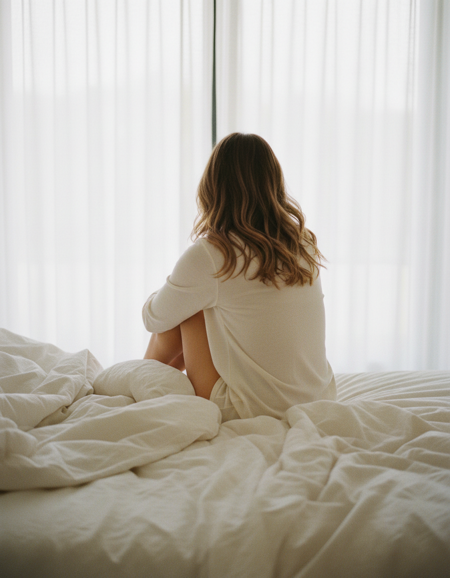 A woman seen from behind hugging her knees on soft linen sheets, facing a bright curtained window