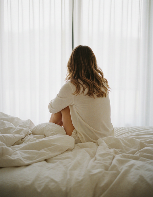 A woman seen from behind hugging her knees on soft linen sheets, facing a bright curtained window