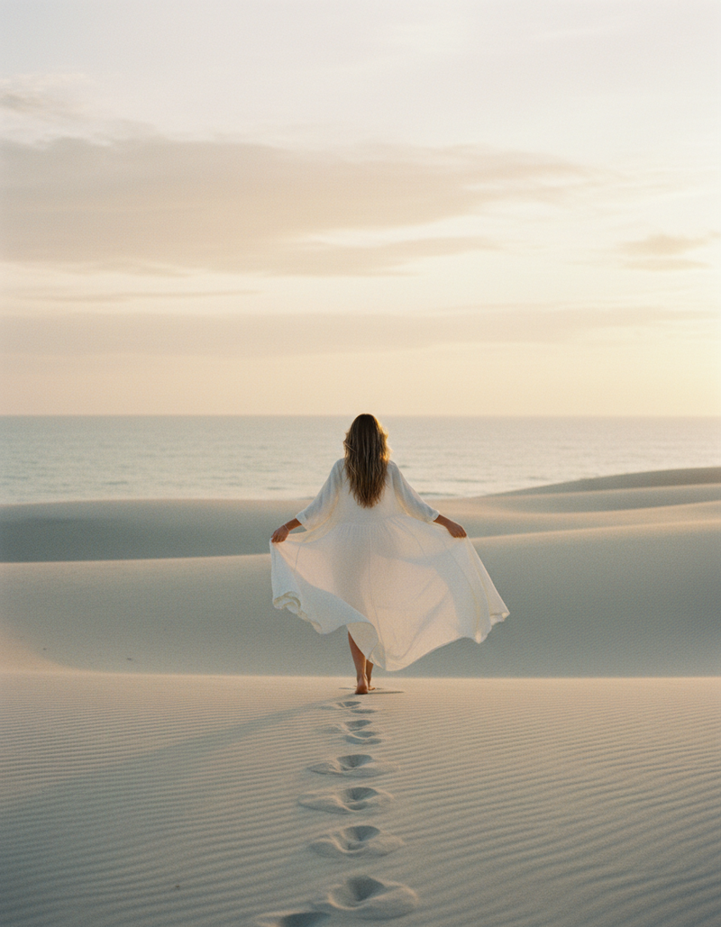 A woman in a flowing cream dress walking barefoot across pale sand dunes by the sea