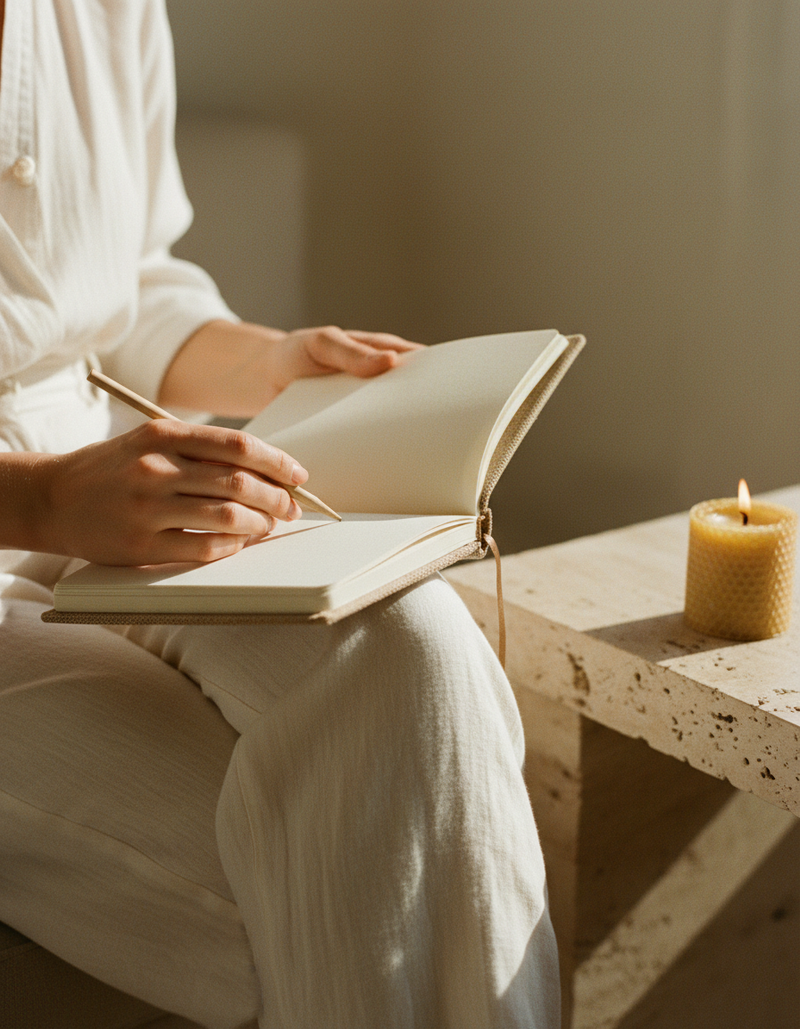Hands holding an open linen notebook beside a lit beeswax candle