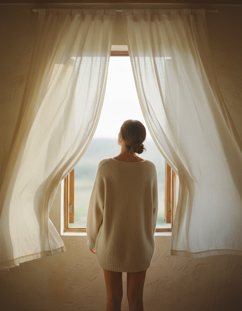 A woman seen from behind at an open window as sheer linen curtains billow around her