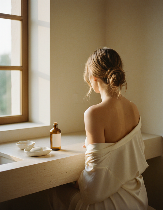 A woman seen from behind in a cream silk robe at a sunlit stone vanity