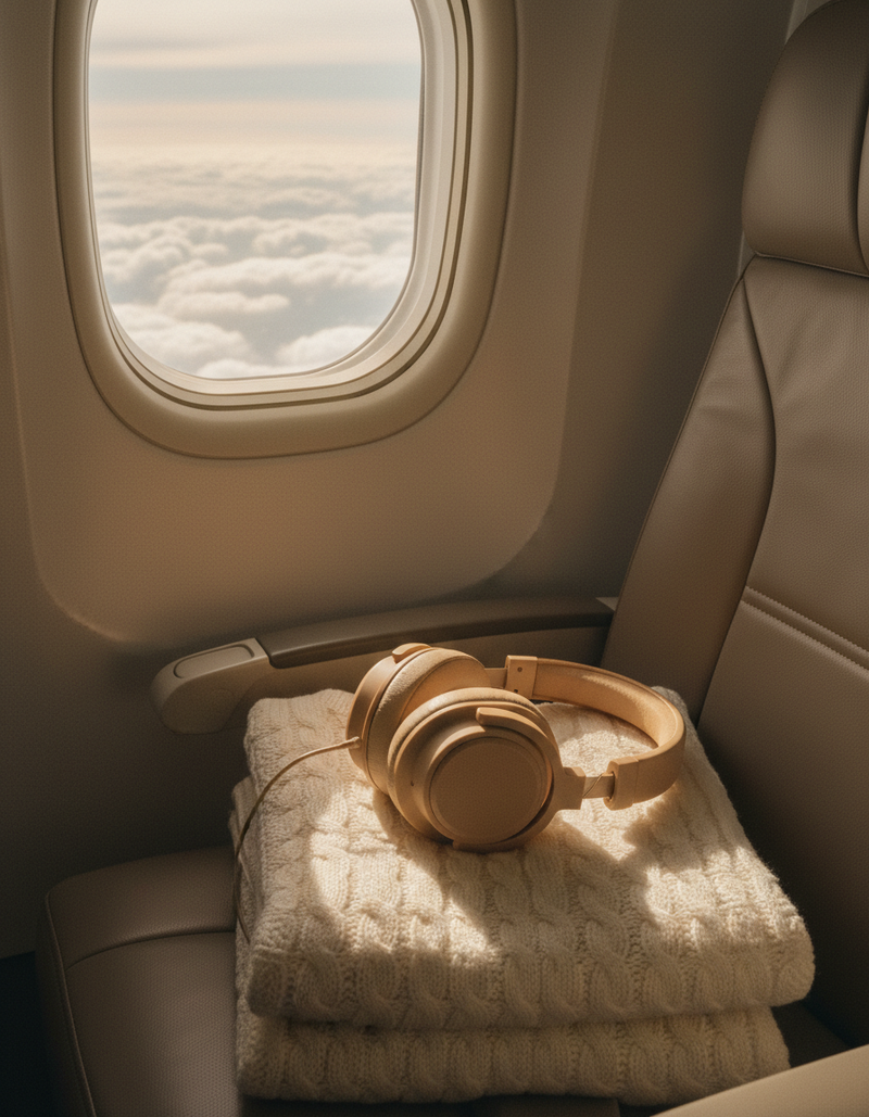 Headphones resting on a folded knit sweater beside an aeroplane window above the clouds