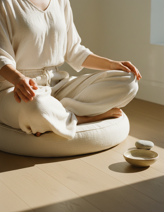 A woman seated cross-legged on a linen cushion, hands resting on her knees in warm morning light