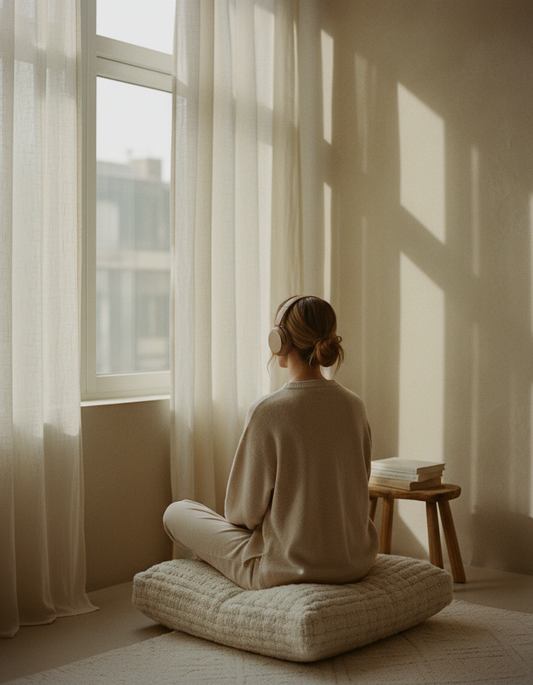 A woman seen from behind wearing soft headphones, seated on a cream cushion by a sunlit linen-curtained window